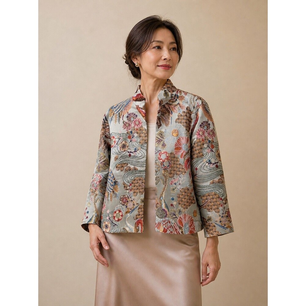 New VTG Grace Chuang Peacock Floral Tapestry Open Swing Jacket Floral Art XL